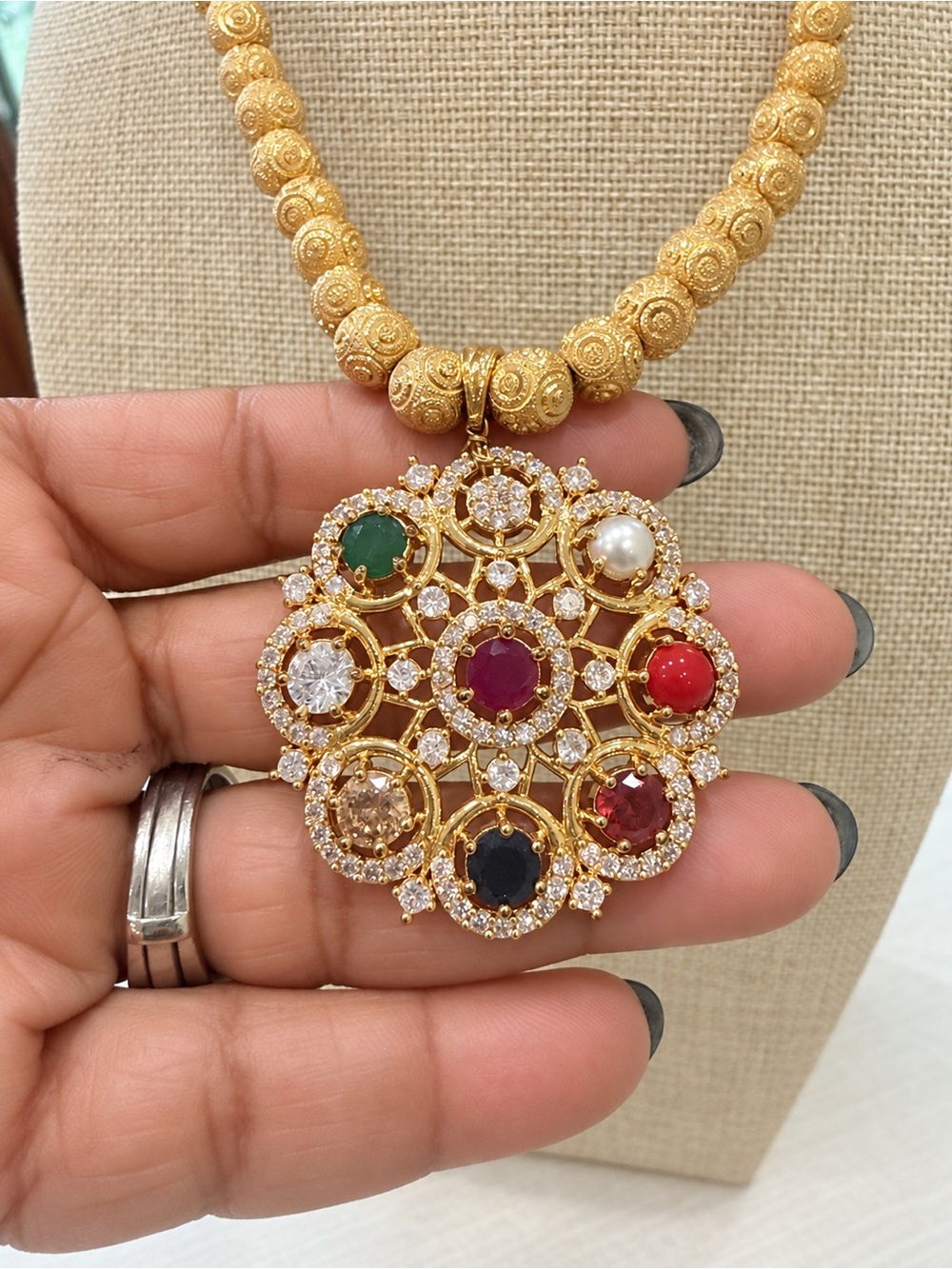 Gold Tone Indian-Inspired Beaded Necklace Multicolor Stone Pendant Adjustable
